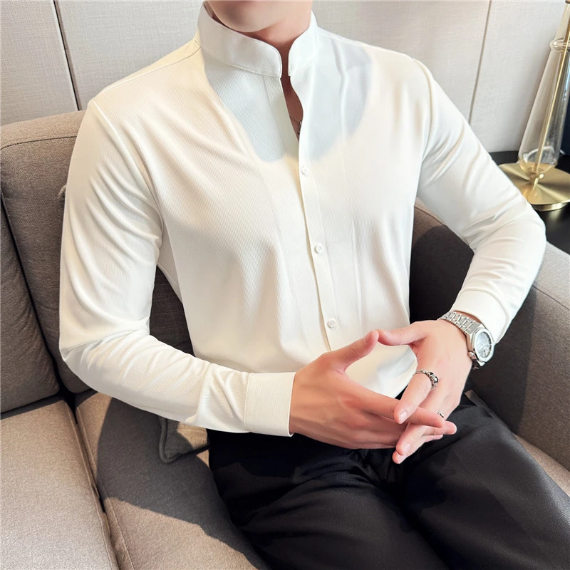 高级感无痕长袖衬衫男士2025年秋冬抗皱免烫新中式商务立领衬衣