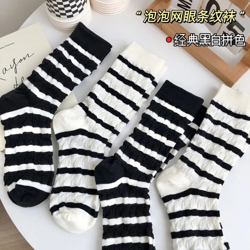 黑白条纹袜子女夏款轻薄透气网眼日系中筒袜ins潮春秋长堆堆棉袜
