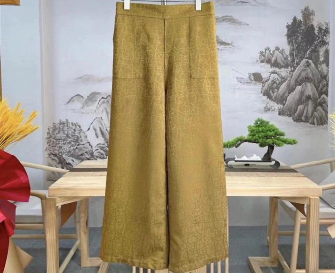 夏季早市提花高腰百搭休闲阔腿裤左长裤国风中式复古女士