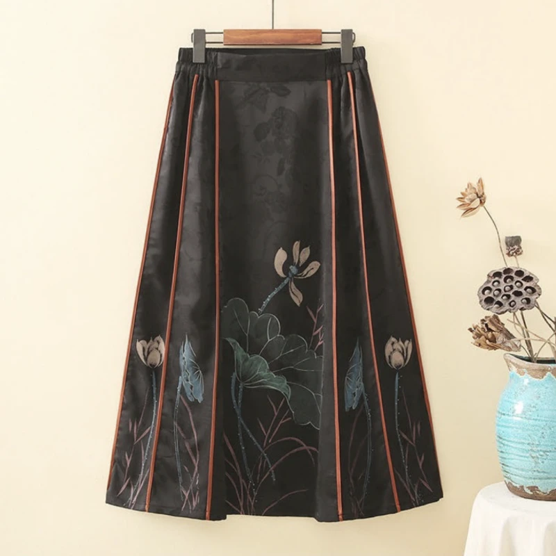 春夏新中式中国风荷花百搭马面裙复古春秋秋冬绣花古风印花古装