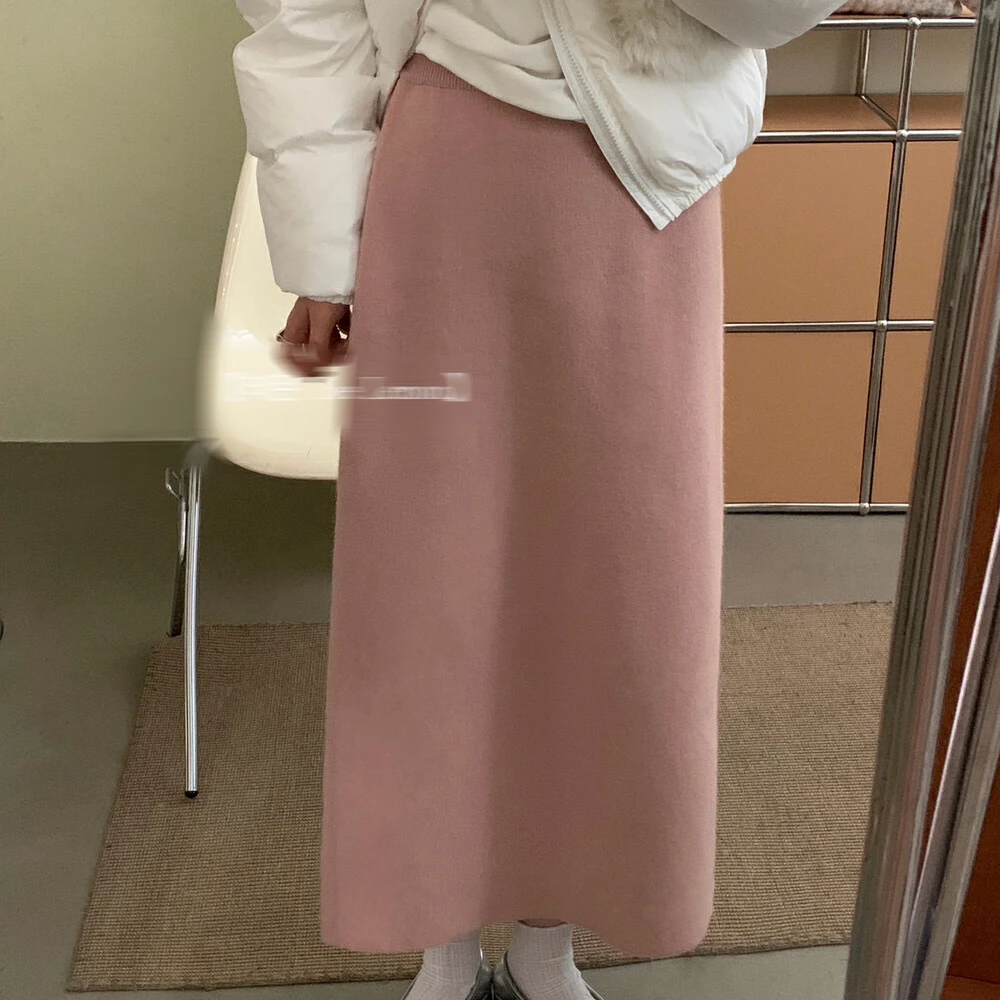 然然~#1221韩版简约纯色松紧腰直筒百搭A字加厚针织长裙半身裙