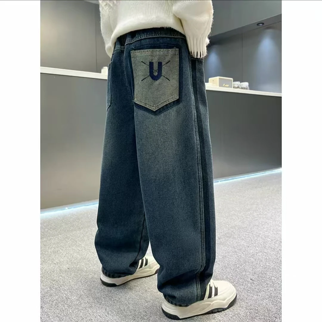 【桐桐妈】儿童炸街牛仔裤2024冬新加绒炸街老爹休闲牛仔裤-yh8811u