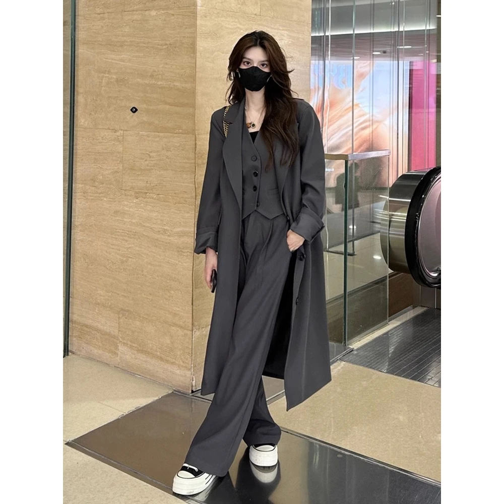 欧若拉风时尚西装套装女单排扣长款外套显瘦马甲高腰阔腿裤三件套