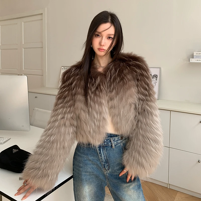 生酪拿铁 貉子毛车条渐变色高级感皮草外套女短款年轻减龄款大衣
