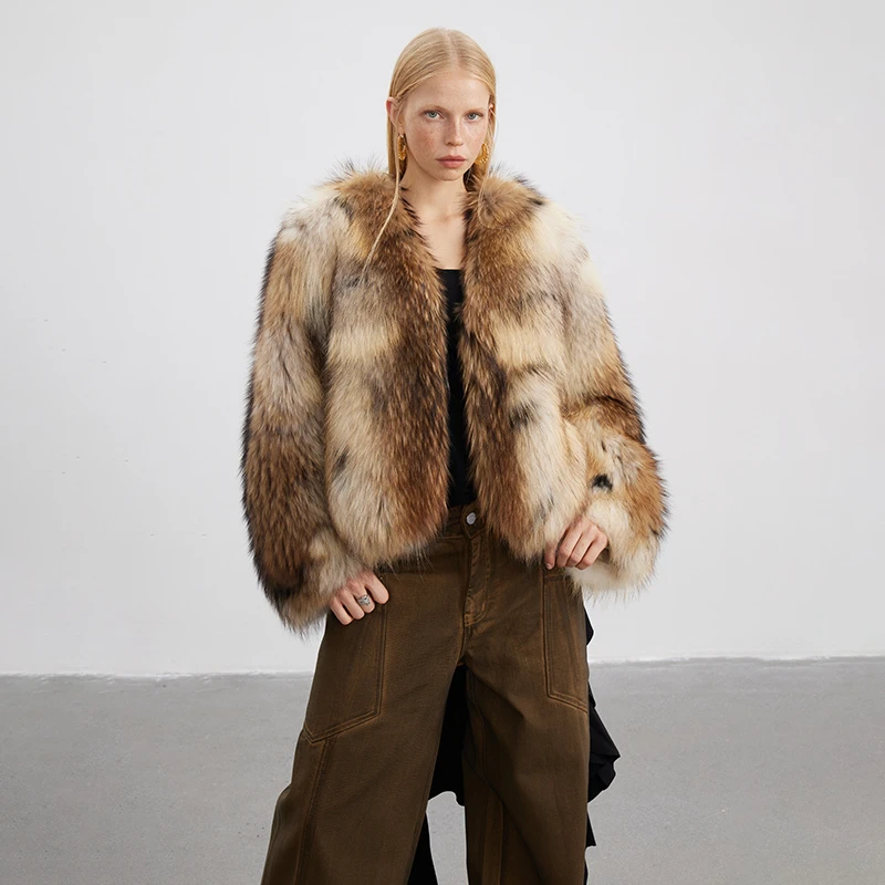 北麋「雅痞情书」美式混搭整皮貉子毛野性晕染2025年皮草外套女短款