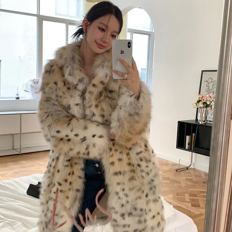 北麋狐狸毛腹毛西装领外套女装长款豹纹扎染毛毛大衣皮毛一体冬季