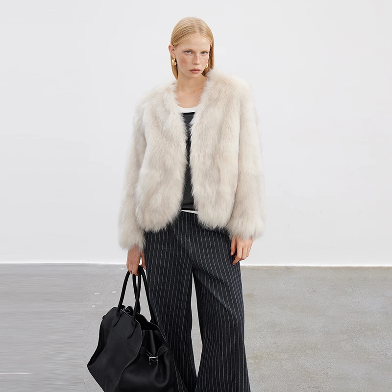 北麋「古典佳人」精致复古霜色狐狸毛腹毛V领皮草外套女短款冬大衣