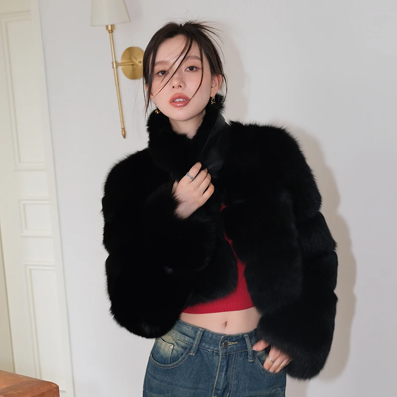 北麋时髦复古年轻整皮狐狸毛名媛富贵黑色皮草外套女高腰短款