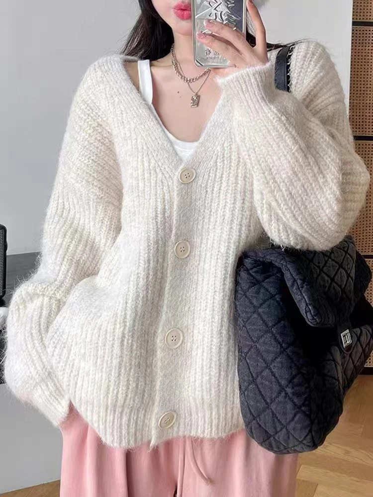 慵懒温柔风糖果色粗线毛衣外套女宽松秋装厚实羊毛针织开衫外穿