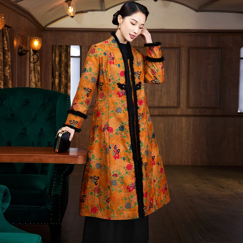 【花归】花罗香云纱夹棉大衣外套 水貂毛条+手工丝绒花扣W24856