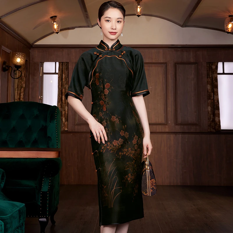 50姆米香云纱 高端定位印花 旗袍连衣裙  Q22402