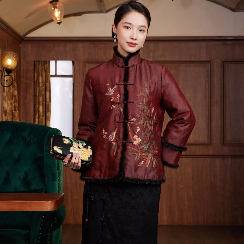 中国风经典高端红龟纹桑蚕丝香云纱夹棉短唐装外套女上衣M228815