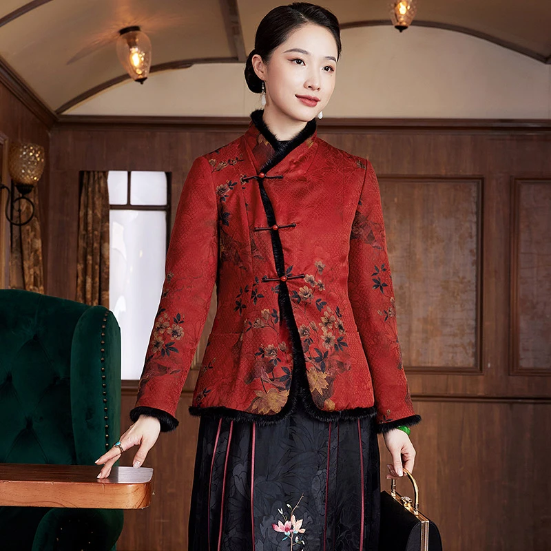 玺玥【红霜疏影】新年提花香云纱中式红色女秋冬中国风棉上衣W23466