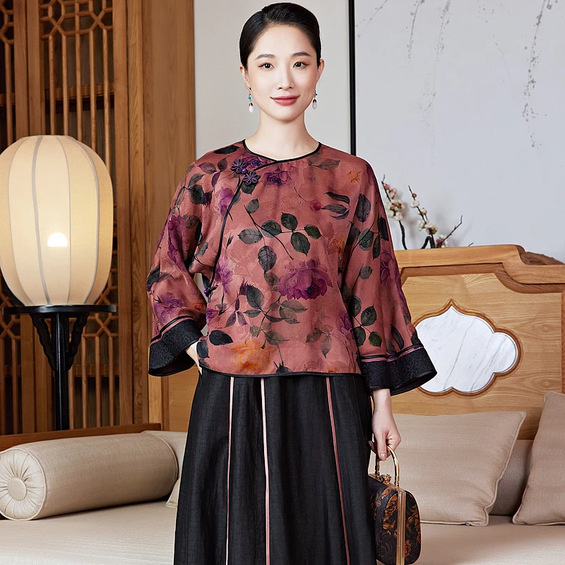 【嫣红半落】花罗香云纱唐装上衣 桃心领 手工樱花扣 侧开襟W24811