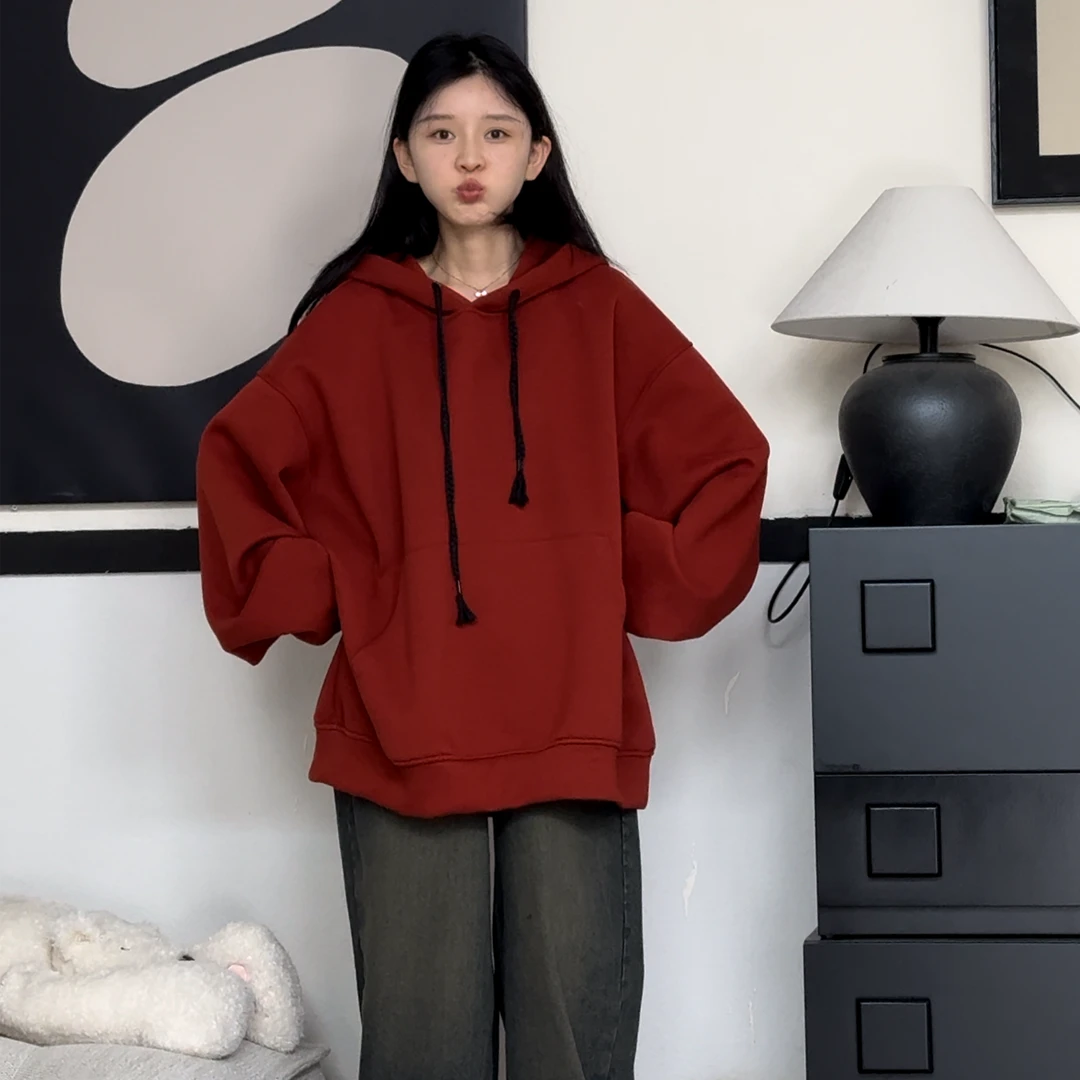 橘子罐头24新款百搭宽松休闲长袖复古韩版红色卫衣