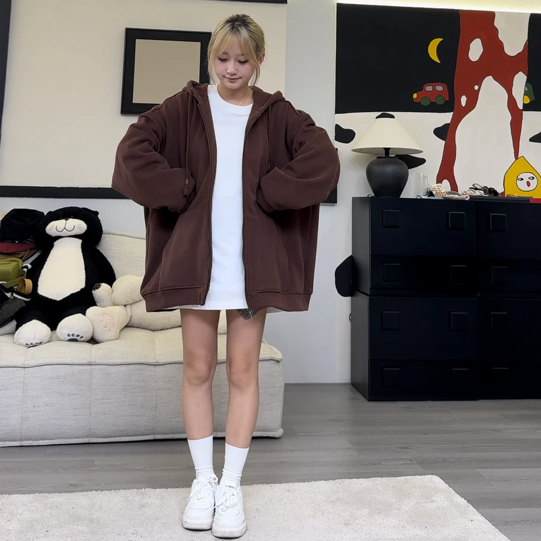 橘子罐头24新款宽松时尚复古长袖百搭休闲加绒卫衣开衫外套