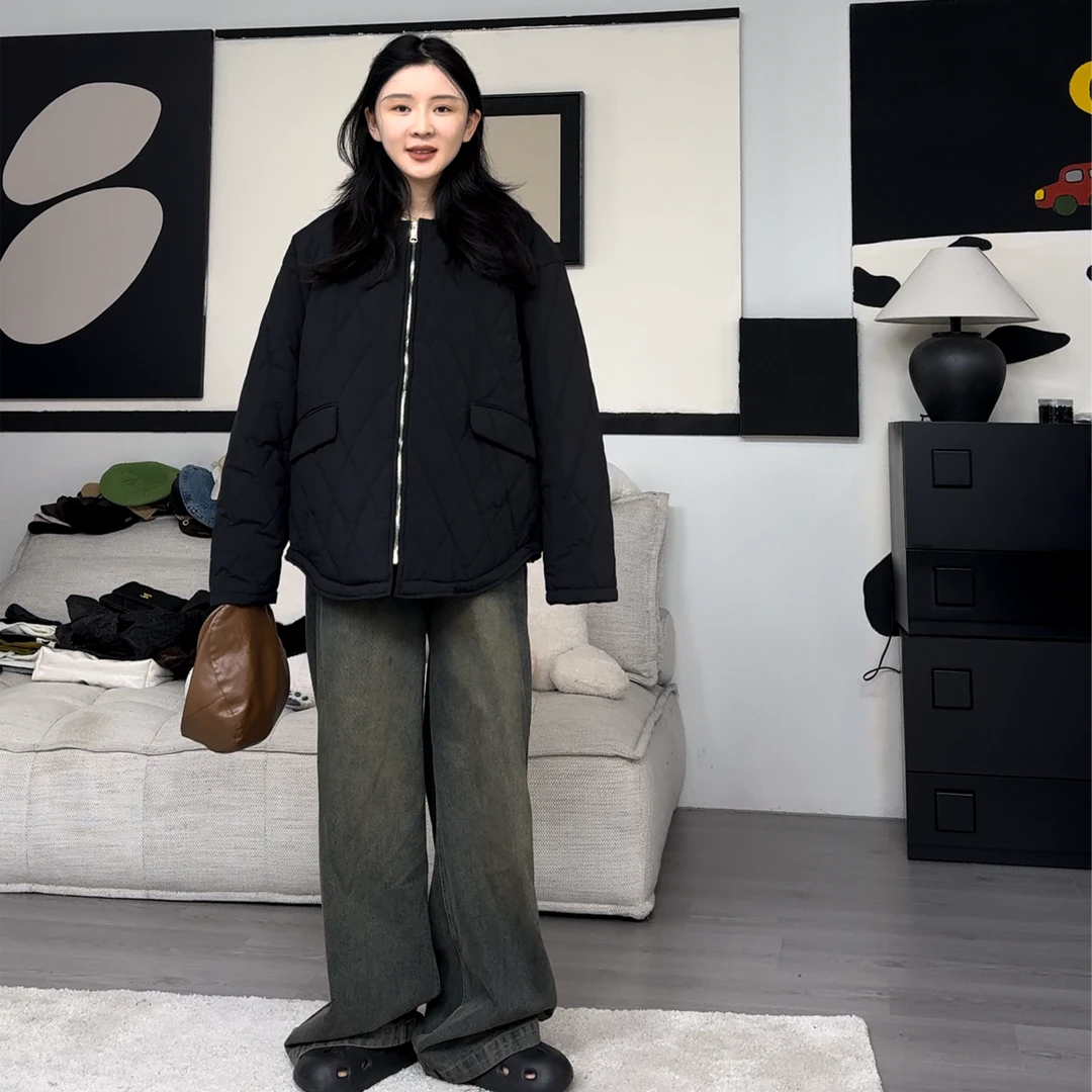橘子罐头24新款休闲时尚宽松百搭通勤简约黑色保暖棉服外套