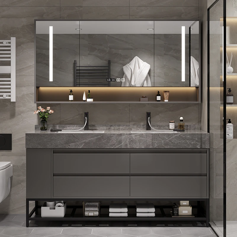 泽钊轻奢卫生间岩板陶瓷盆浴室柜组合洗漱台洗手池双盆切角定制