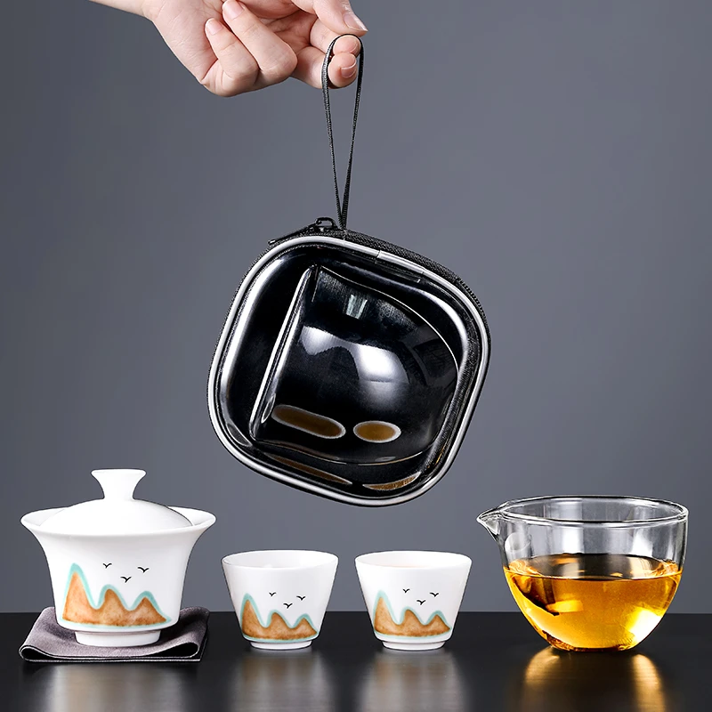 唐仙羊脂玉瓷旅行茶具套装便携式茶具泡茶碗茶杯户外手抓壶旅行装