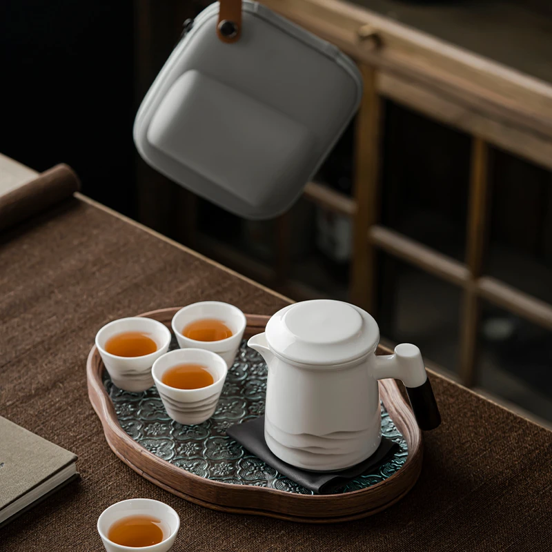唐仙羊脂玉旅行茶具套装便携式快客杯一壶四杯干泡盘露营车载装备
