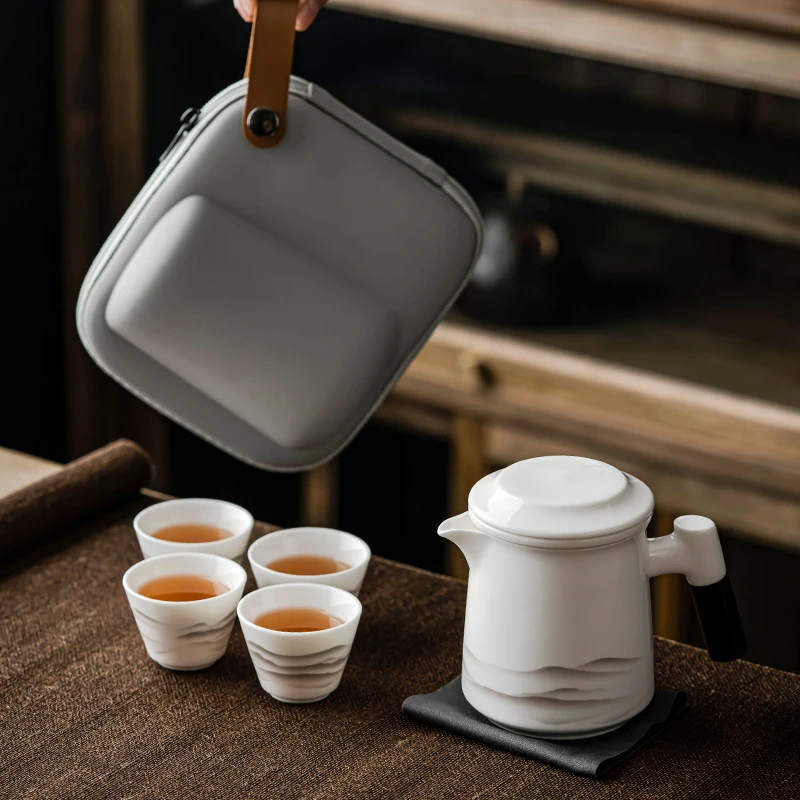 唐仙羊脂玉瓷远山快客杯一壶四杯随身包旅游车载便携式包旅行茶具