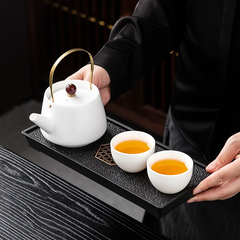 唐仙羊脂玉瓷一壶两杯二人茶具新款家用简约泡茶小套茶台干泡盘