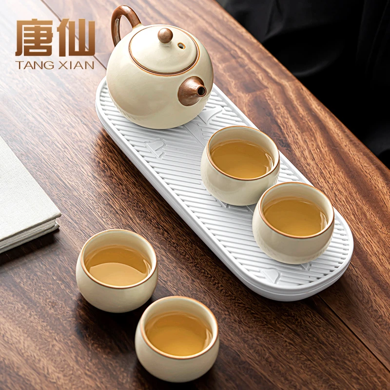 唐仙汝窑旅行茶具便携式茶壶陶瓷户外旅游快客杯小茶具干泡盘茶杯