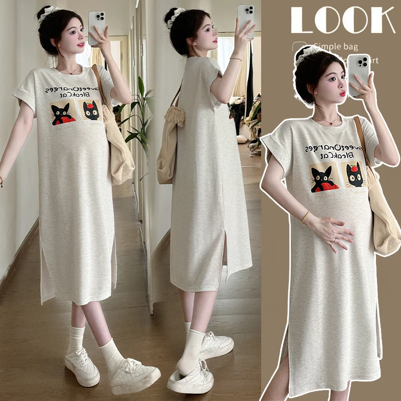 孕妇装夏季新款韩版宽松印花T恤连衣裙显瘦休闲直筒T恤卡通长裙