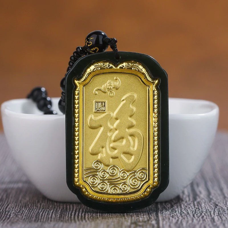 和田玉 福牌 墨玉名族风项链吊坠-MJYBY-1A