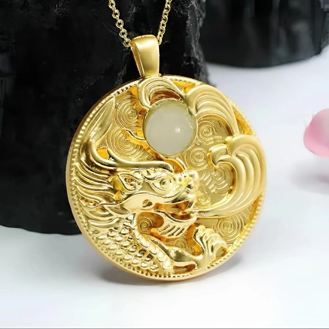 和田玉 古法工艺 龙戏珠圆牌项链-MJY-1A