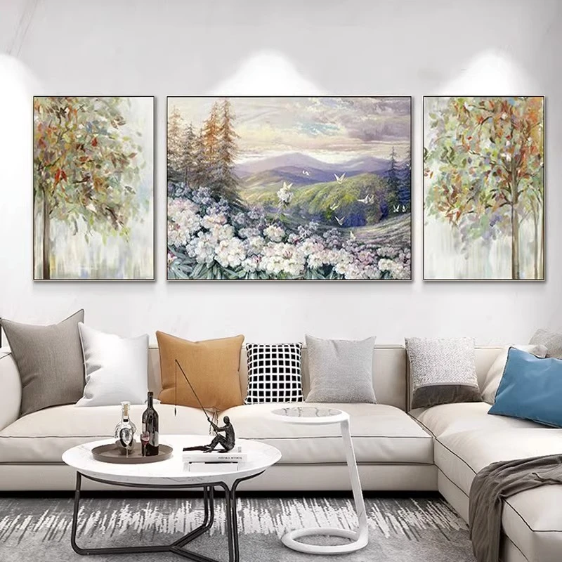 手绘油画客厅简约风景画美式沙发挂画背景墙装饰画三联画餐厅壁画