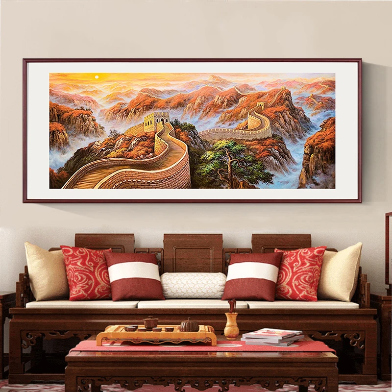 手绘油画客厅新中式沙发背景墙装饰画会议办公室挂画长城画靠山图