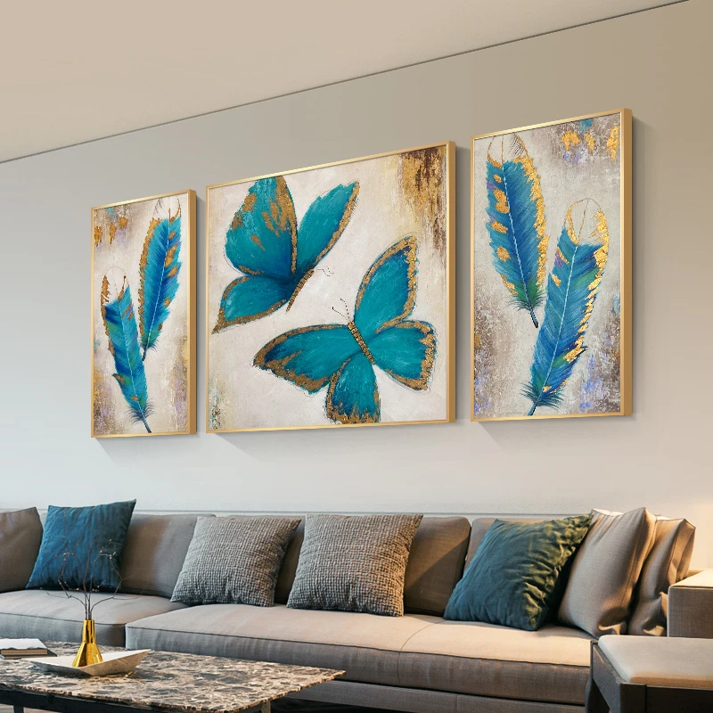 【蝶恋花】手绘油画客厅三联画沙发背景墙装饰画轻奢金箔卧室挂画