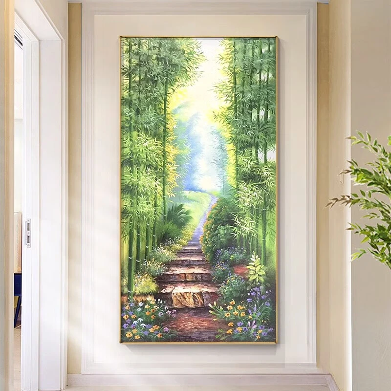 【步步高升】手绘油画绿色竹林小路玄关风景装饰画走廊现代轻奢挂画