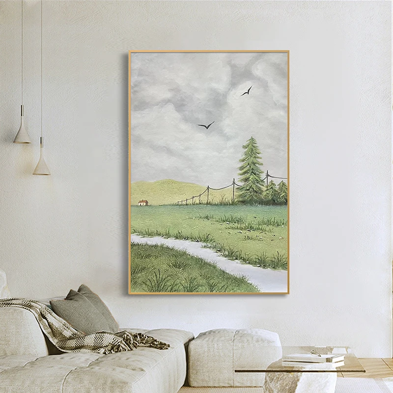 手绘油画田园风景挂画北欧抽象入户玄关装饰画竖版客厅背景墙壁画