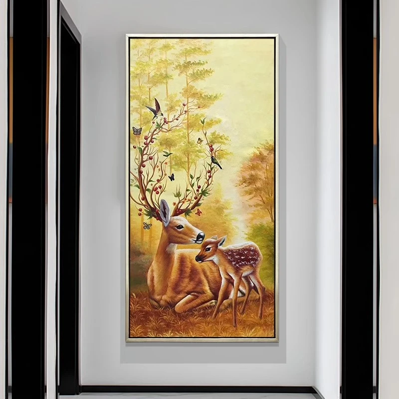 手绘油画美式入门玄关装饰画梅花鹿风景动物走廊过道书房竖版挂画