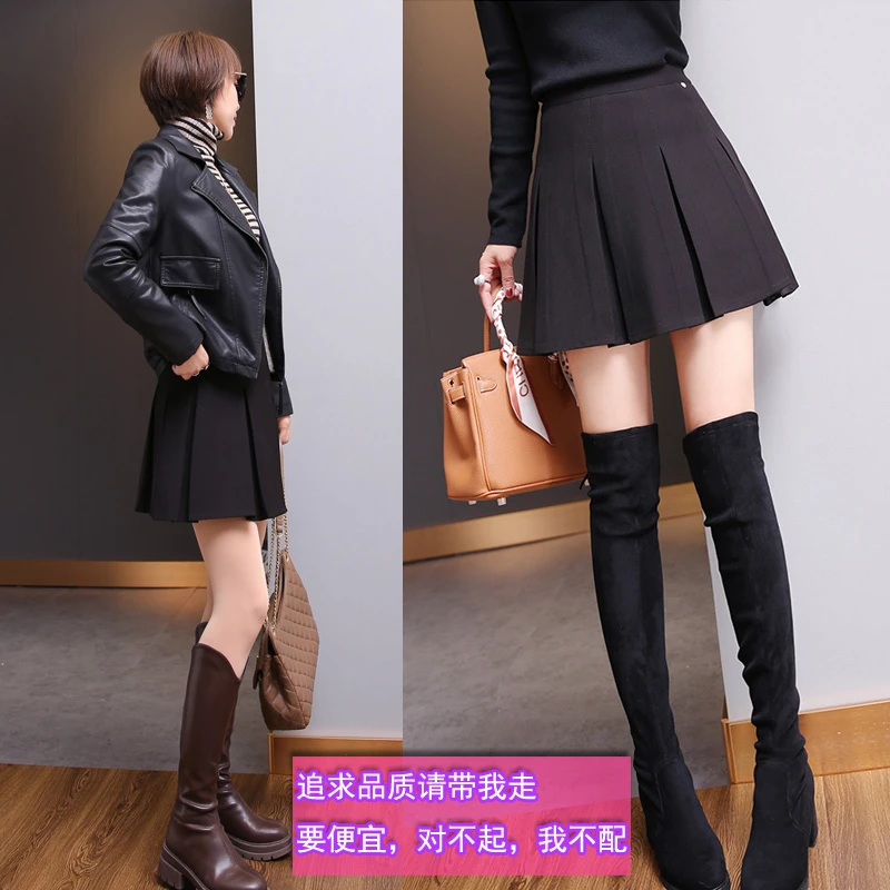 百褶裙女2025秋季新款韩版A字裙百褶短裙显瘦伞裙半身裙黑色A字裙