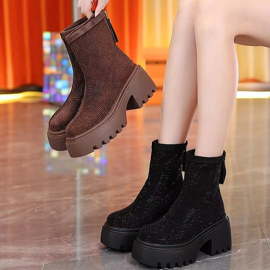 欧货2024秋新款绒面水钻后拉链短靴圆头粗跟厚底切尔西靴英伦女鞋