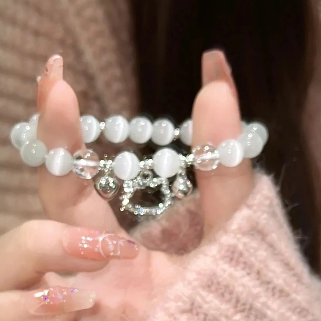 合金玻璃手链 kt猫爱心铃铛手链女手工串珠闺蜜手环礼物学生