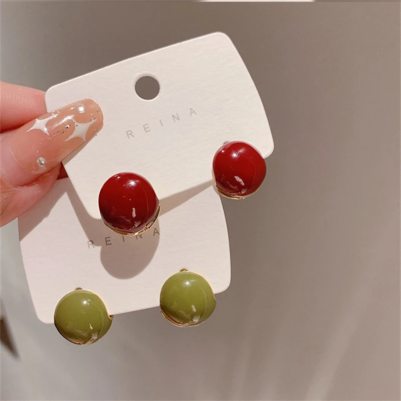 铜合金珐琅耳饰 88 复古气质耳环简约红豆色圆形耳