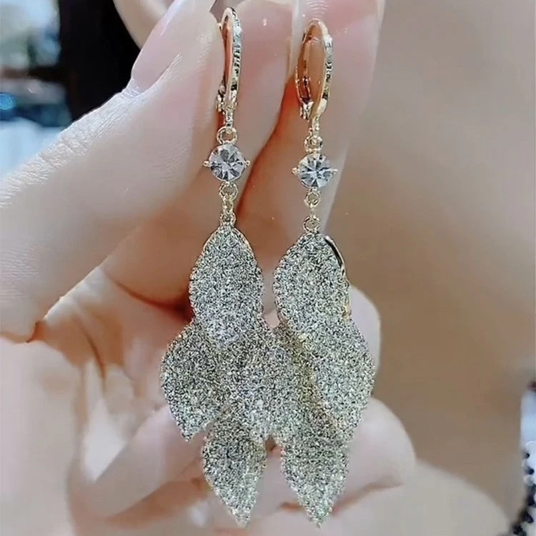 铜合金合成锆石耳饰 M70 暗黑风镶钻树叶流苏耳扣耳环欧美时尚