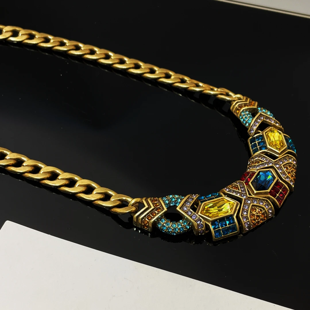 铜合金项链 S187蓝色欧美宫廷风吊坠金色古风