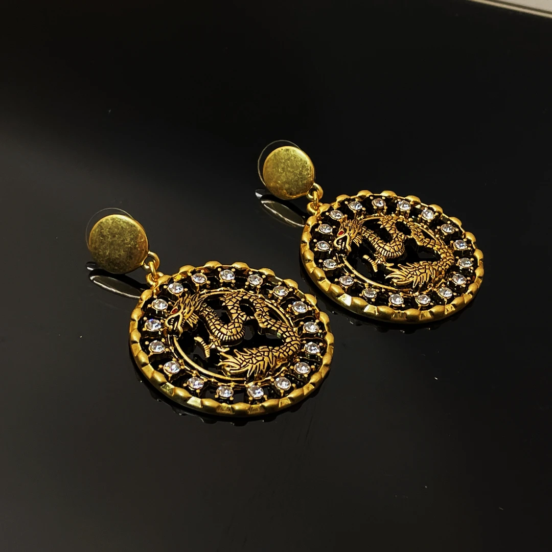 铜合金合成锆石耳饰 H147耳环复古手工金色法式