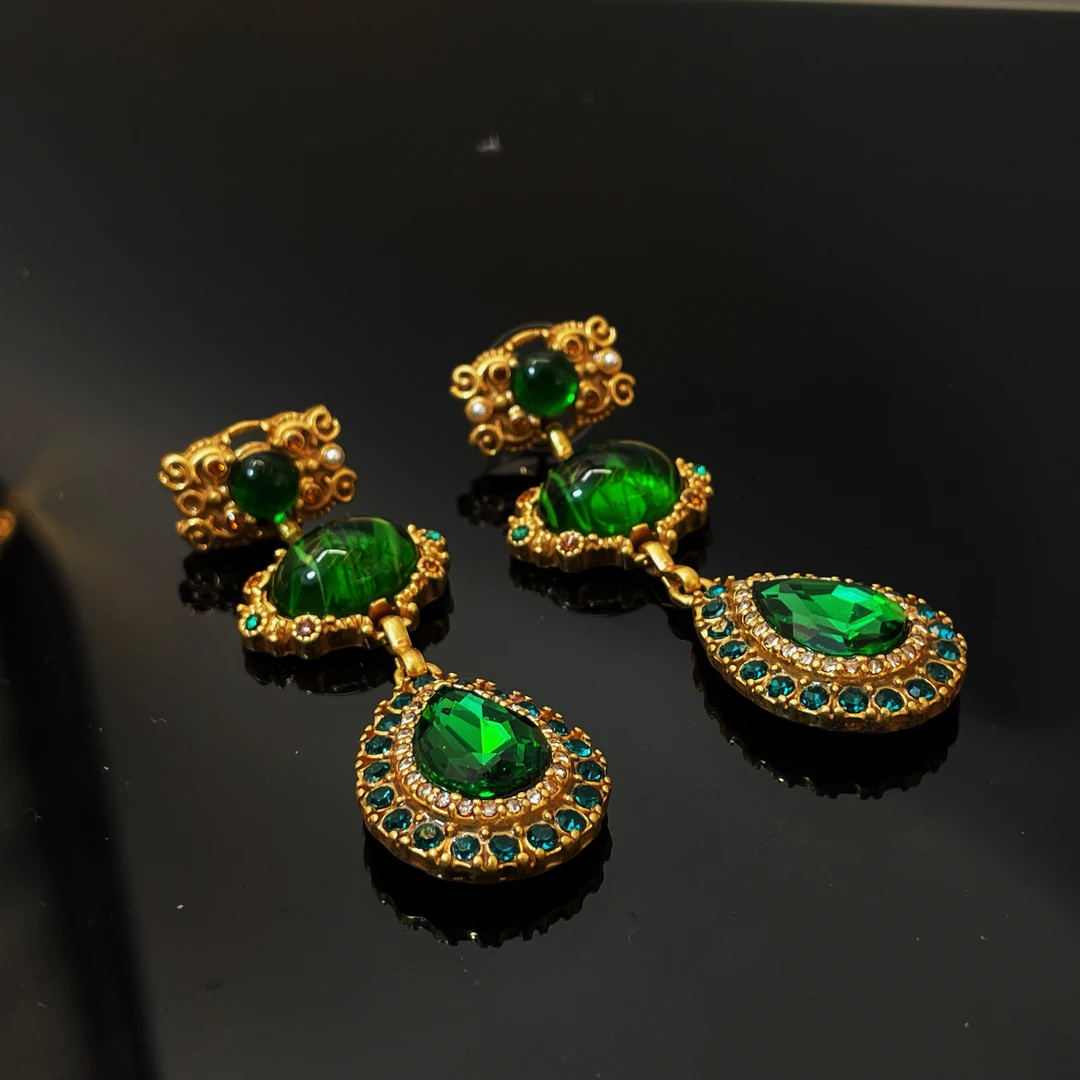 铜合金耳饰 E7欧美古典气质绿色高级感轻奢古风宫廷风中古优雅