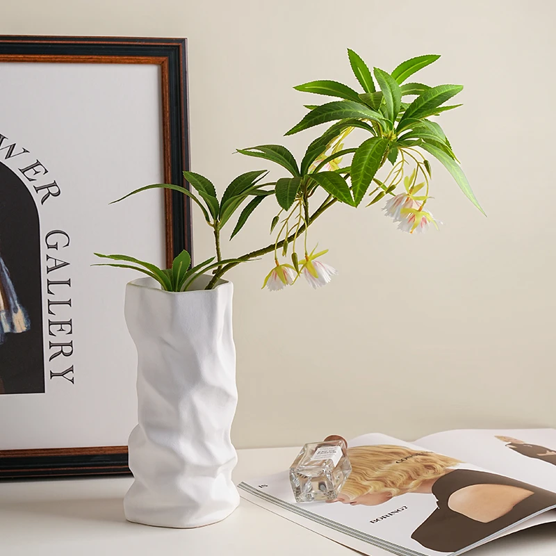 贝汉美创意陶瓷褶皱花瓶摆件客厅桌面插花装饰简约高级感干花花器