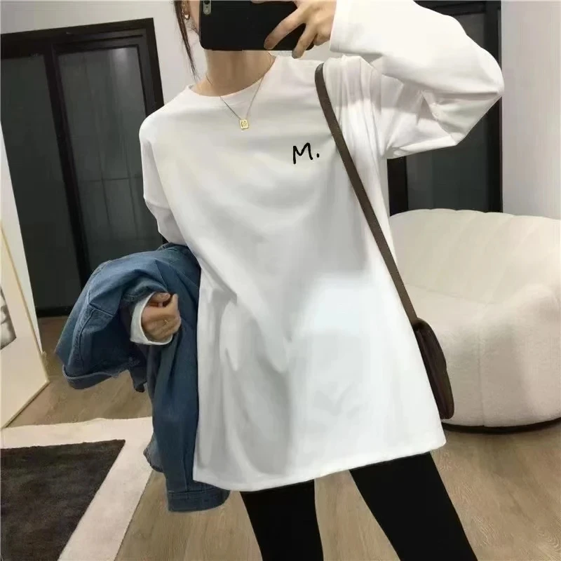 麦寻长袖T恤秋冬宽松显瘦白色时尚纯色韩版均码