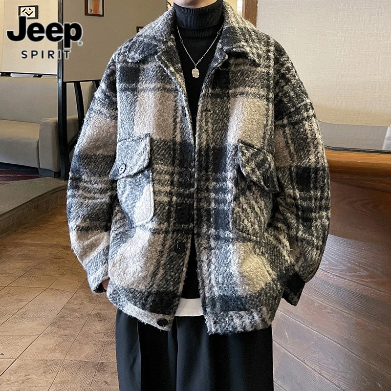 吉普时尚秋季新款毛呢格子短款外套男秋装设计感潮牌痞帅夹克上衣