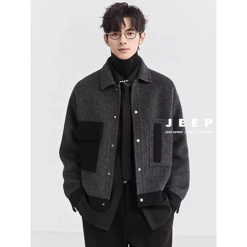 美式高级感轻奢拼接短款毛呢大衣男25秋冬季翻领加厚夹克羊毛外套