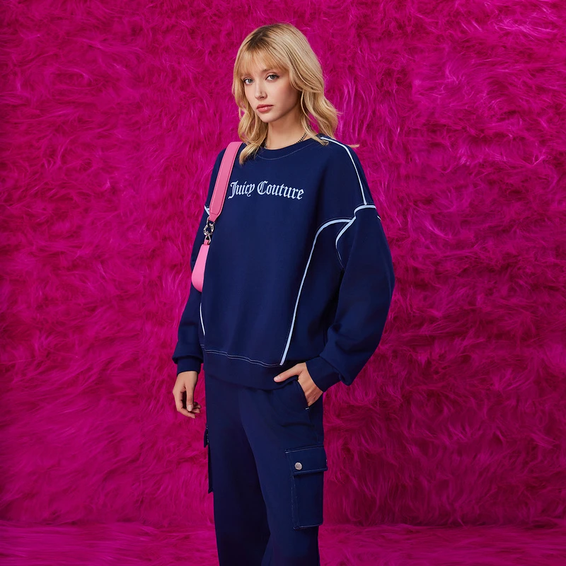 JUICYCOUTURE/橘滋街头漫步立体Logo绣花撞色圆领落肩女式卫衣