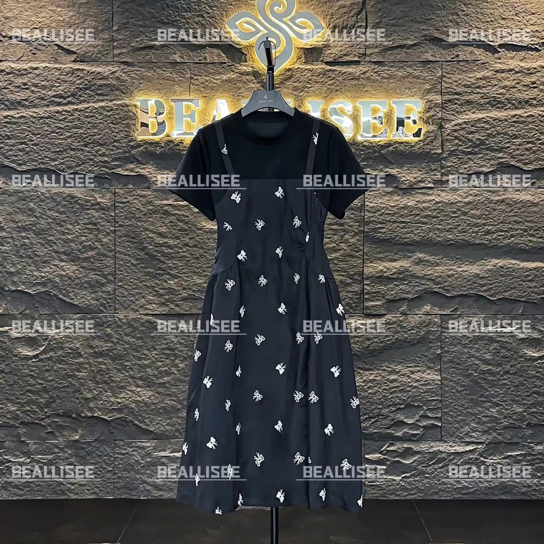 【LIN】’夏季短袖显瘦蝴蝶刺绣拼接假两件连衣裙BLS-A234